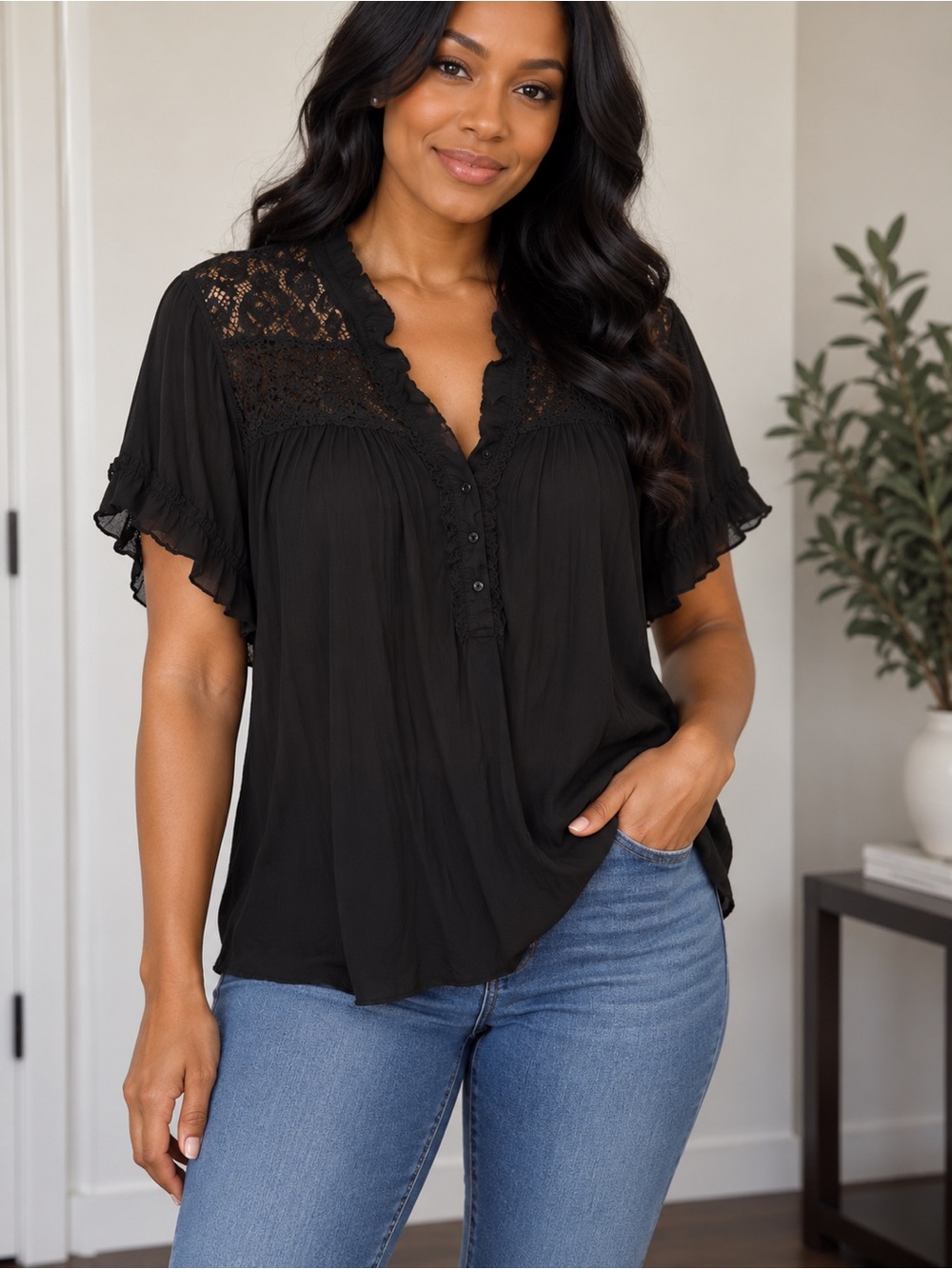 Penningtons Black Lace Yoke Flutter Sleeve Blouse